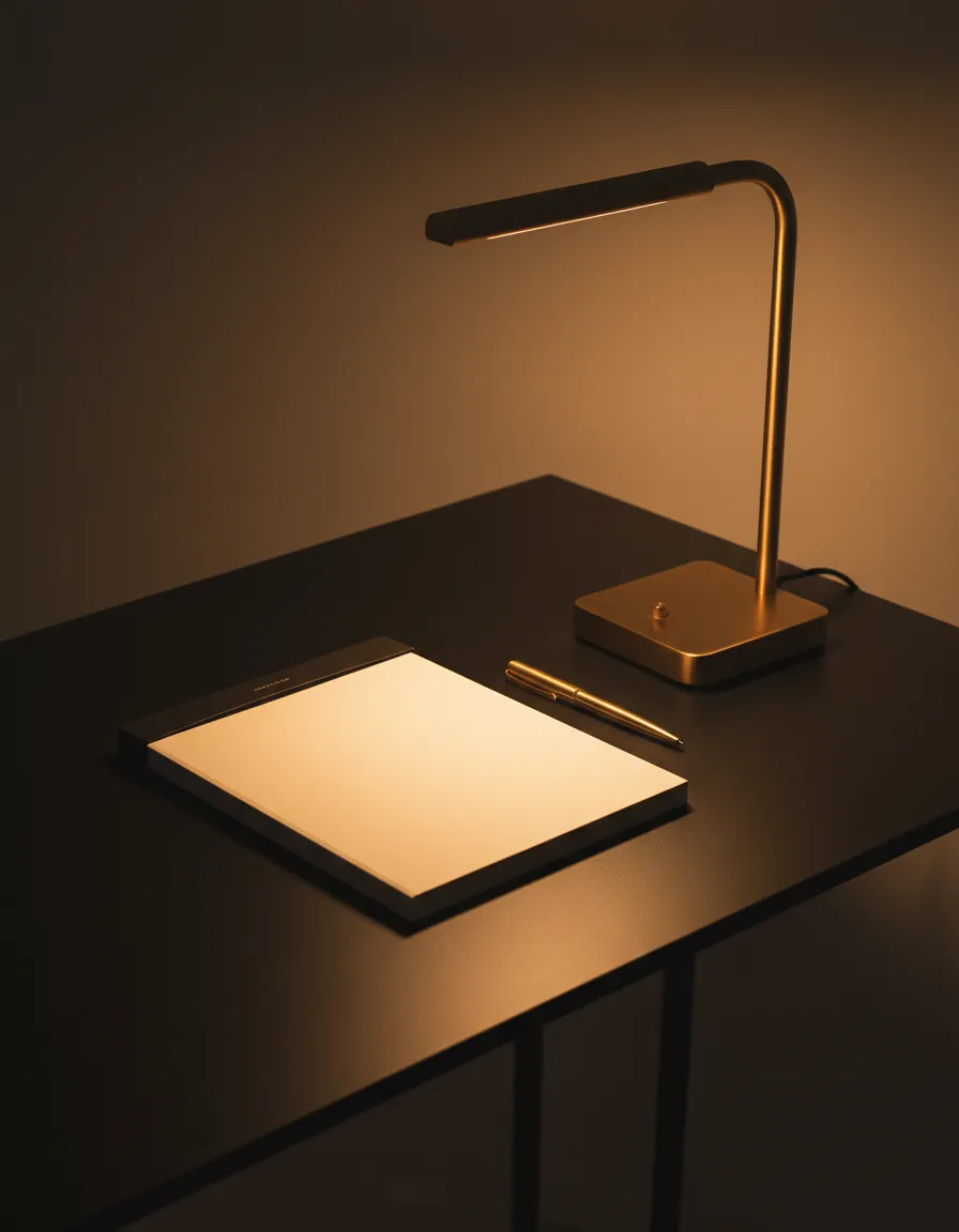 A bright, gold-infused organized workspace conceptualizing focus