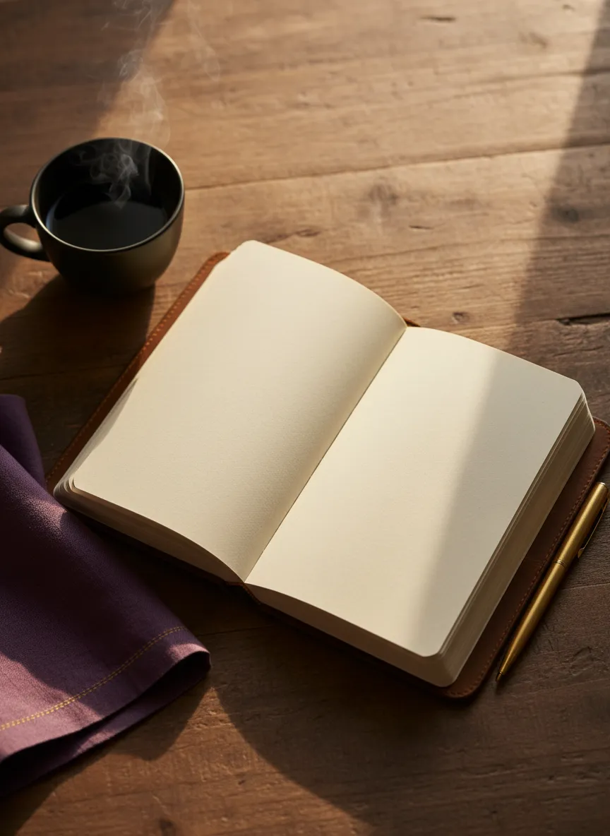 Lifestyle image of an open journal and coffee