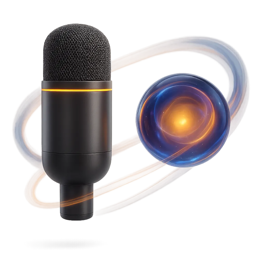 Futuristic 3D voice interface microphone with glowing audio waves representing 24/7 AI front desk receptionist