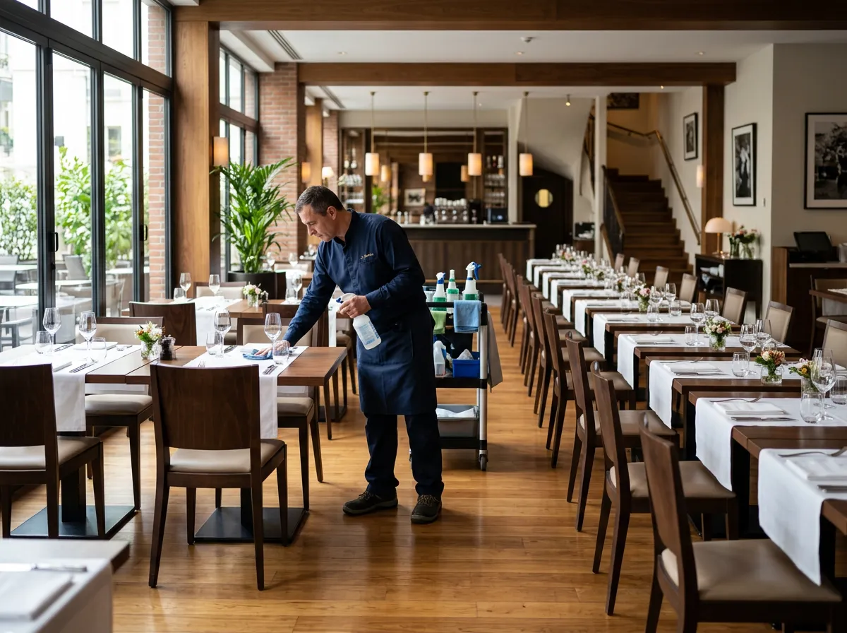 Salle à manger de restaurant impeccable avant ouverture, nettoyage professionnel à Montréal