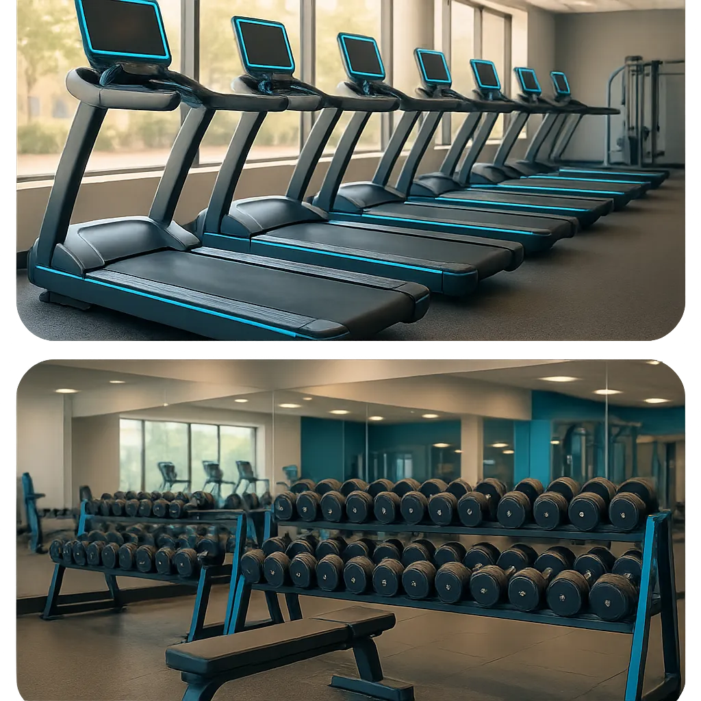 Composite view of Life Change Fitness gym floor showing modern cardio equipment and free weights