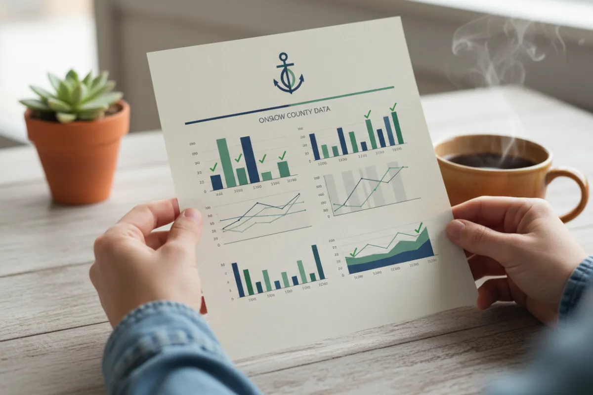 A close-up of a hands holding a printed scorecard with charts and checkmarks, set on a wooden table with a coffee mug and a small potted plant. The scorecard is branded with Anchor Real Estate’s logo and features Onslow County data.