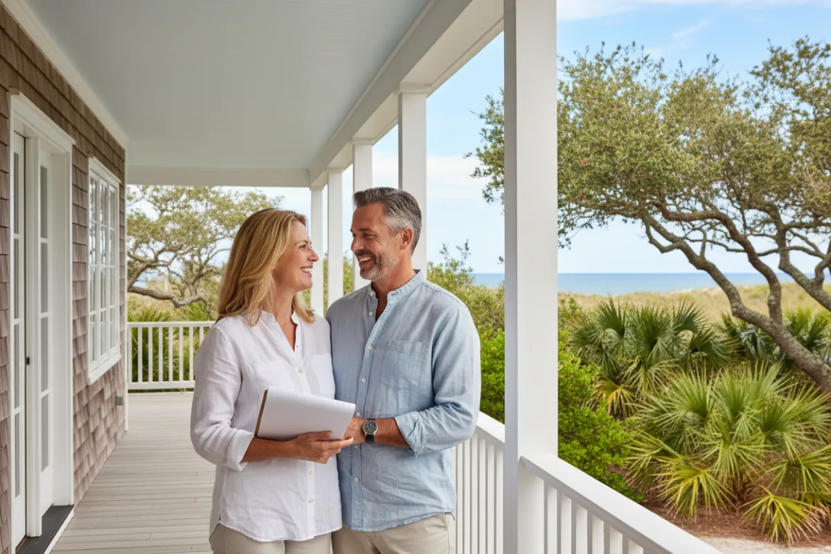 A confident, smiling couple in their 40s stand in front of a classic coastal North Carolina home, holding a clipboard and looking at each other with excitement. The background features lush greenery and a hint of the Atlantic, evoking a sense of local pride and optimism.