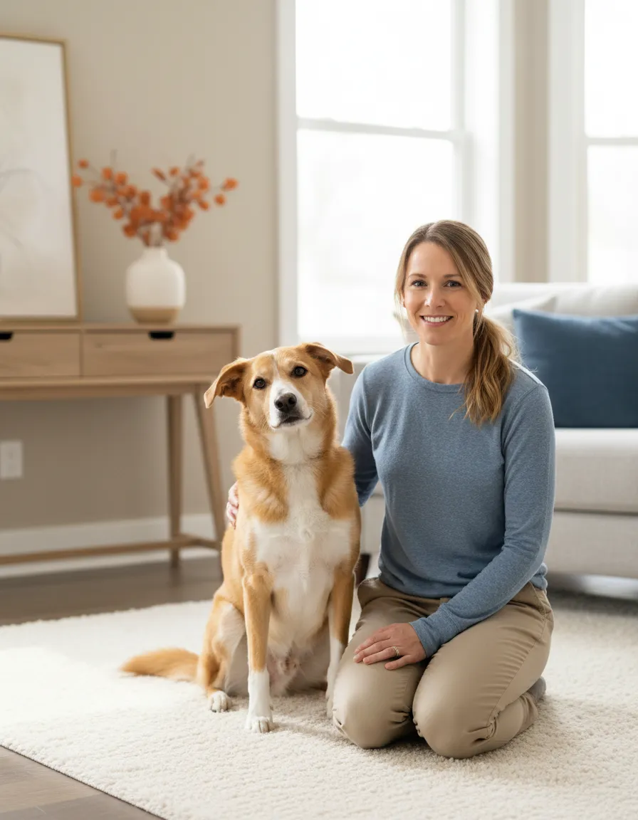 Professional dog trainer with a calm dog