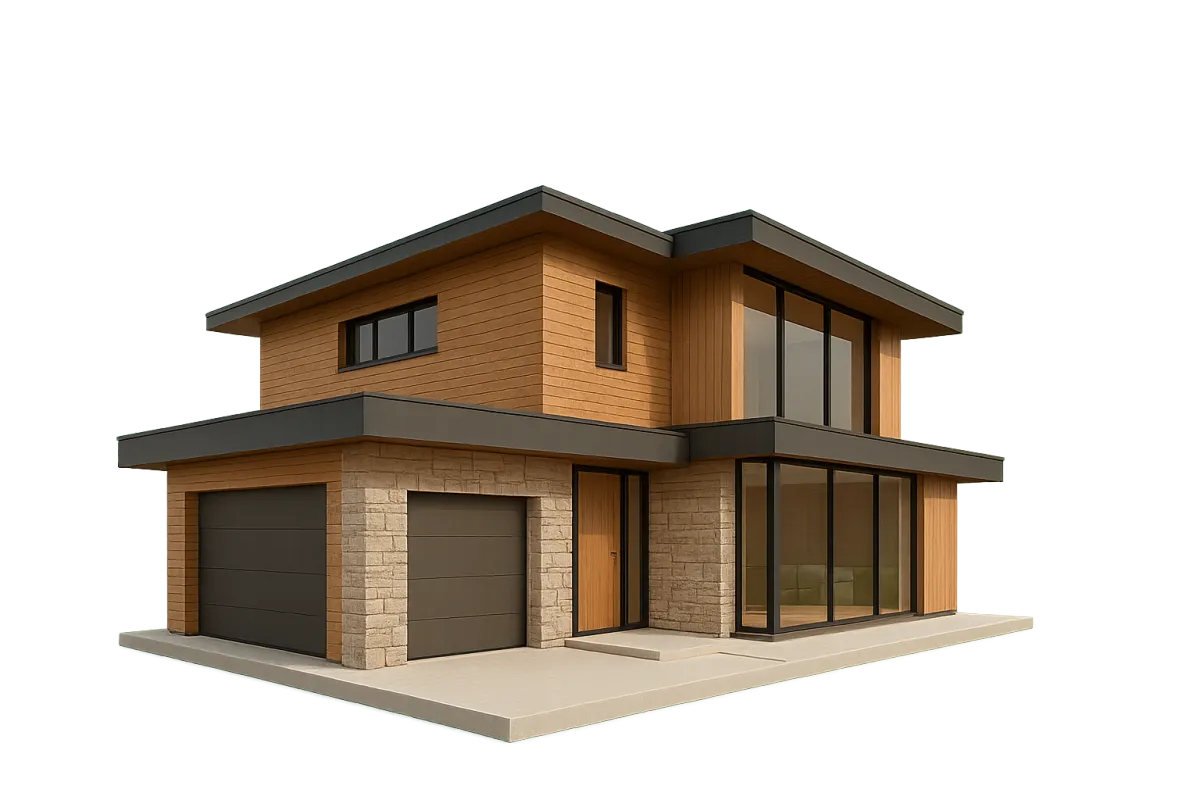 Photorealistic architectural scale model of a contemporary two-story home on transparent background