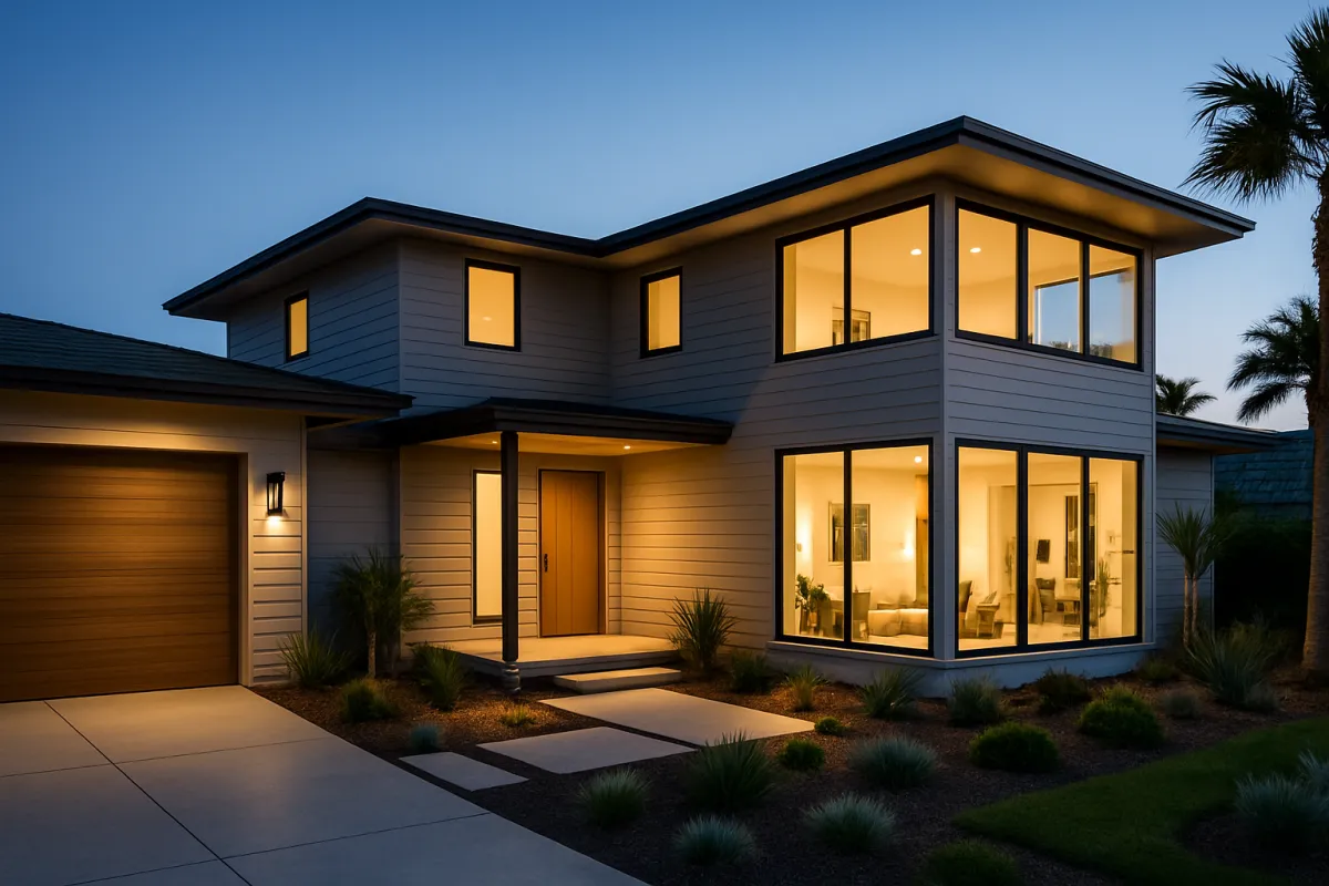 Contemporary coastal home exterior at dusk