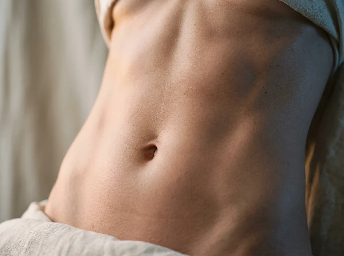 Soft-focus aesthetic treatment focusing on abdomen skin texture and tone