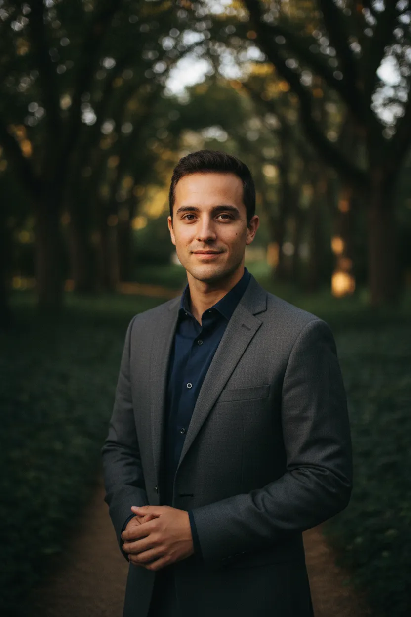 Portrait of a confident young man standing outdoors with soft depth of field, slight smile and relaxed posture, natural light to show growth and steadiness after mentorship.