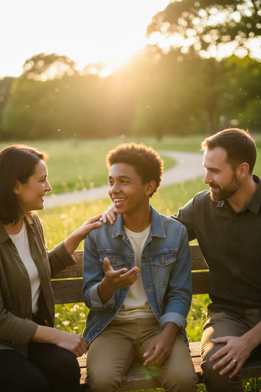 Smiling teen with mentors outdoors, golden-hour, supportive, photorealistic