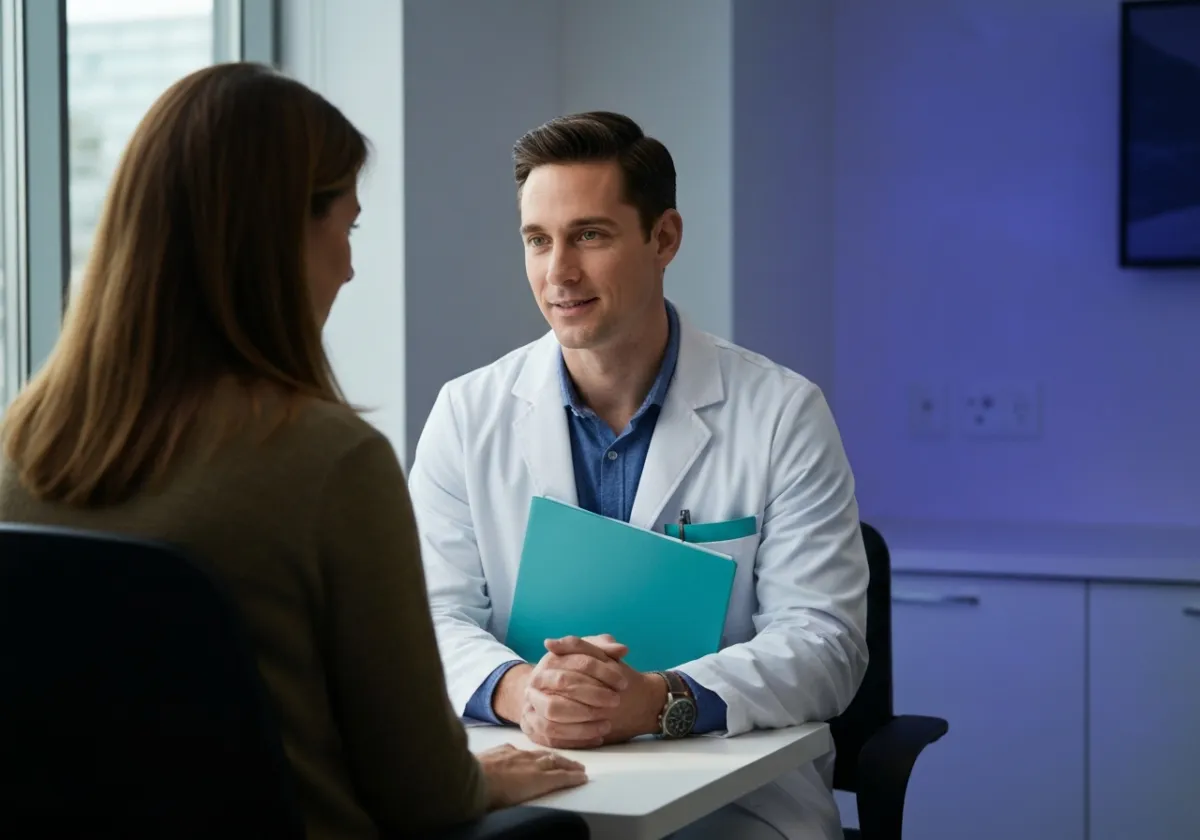 Doctor actively listening to a patient in a bright, modern clinical space.