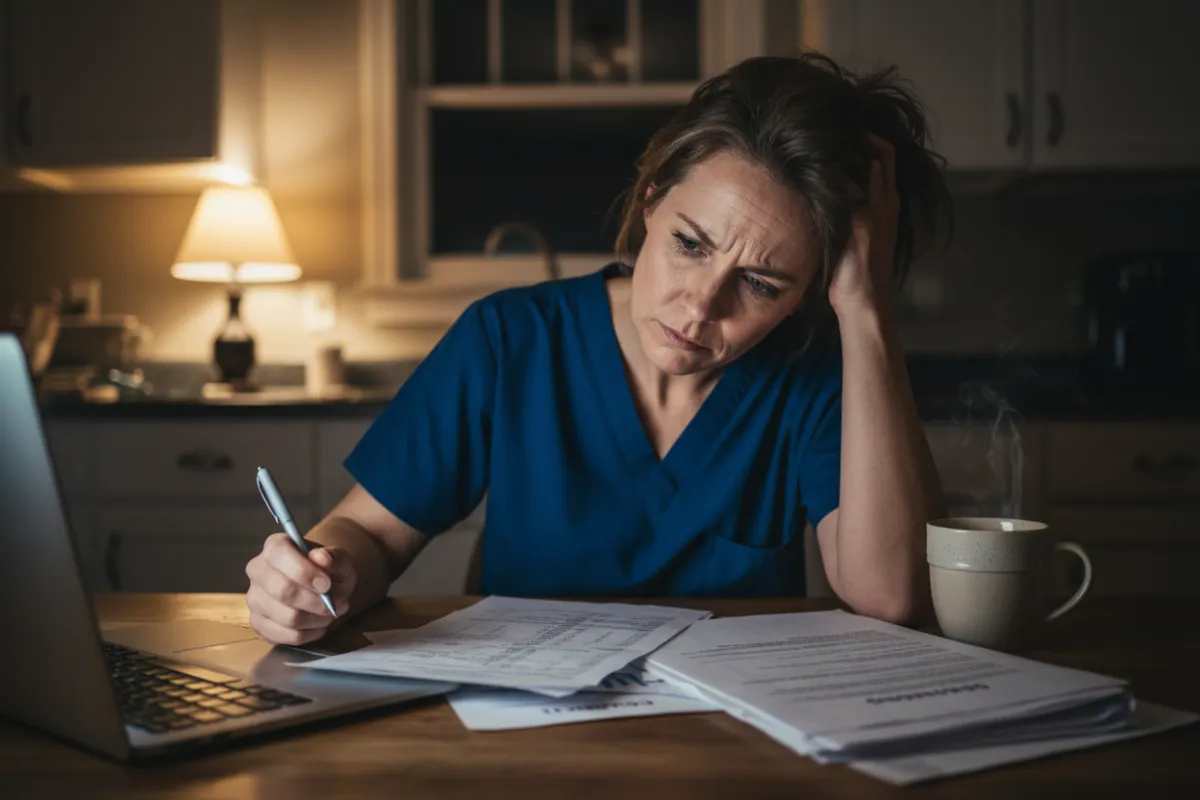 A mid-career nurse in blue scrubs, sitting at a kitchen table late at night, looking frustrated while reviewing a confusing pay stub and contract paperwork. The scene is softly lit, with a coffee mug and a laptop open, conveying stress and uncertainty.