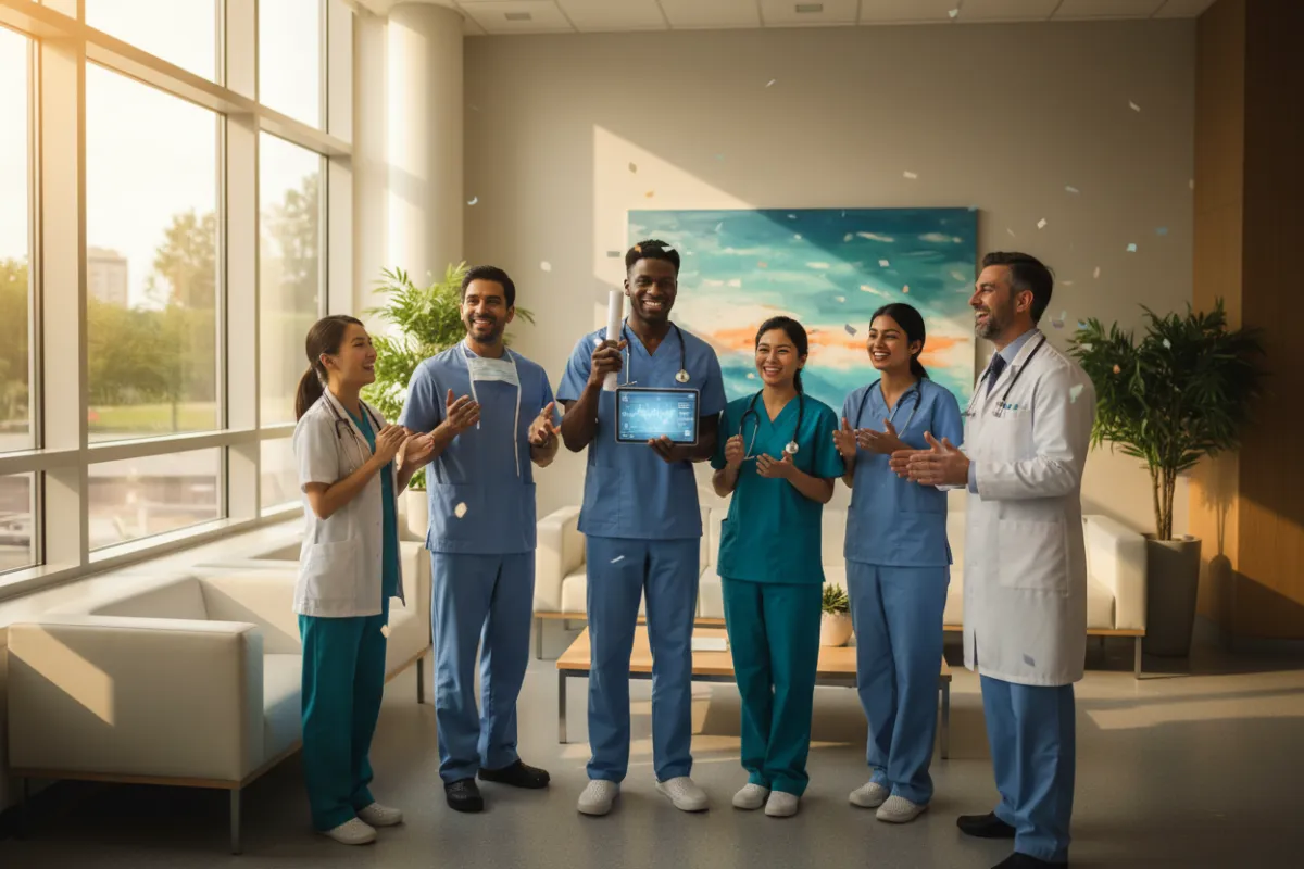 A diverse group of medical professionals, including an RN and CNA, celebrating a financial breakthrough in a bright, modern hospital lounge. They are smiling, holding a contract and a tablet, with visible excitement and relief. The background is energetic and optimistic, with sunlight streaming through large windows.
