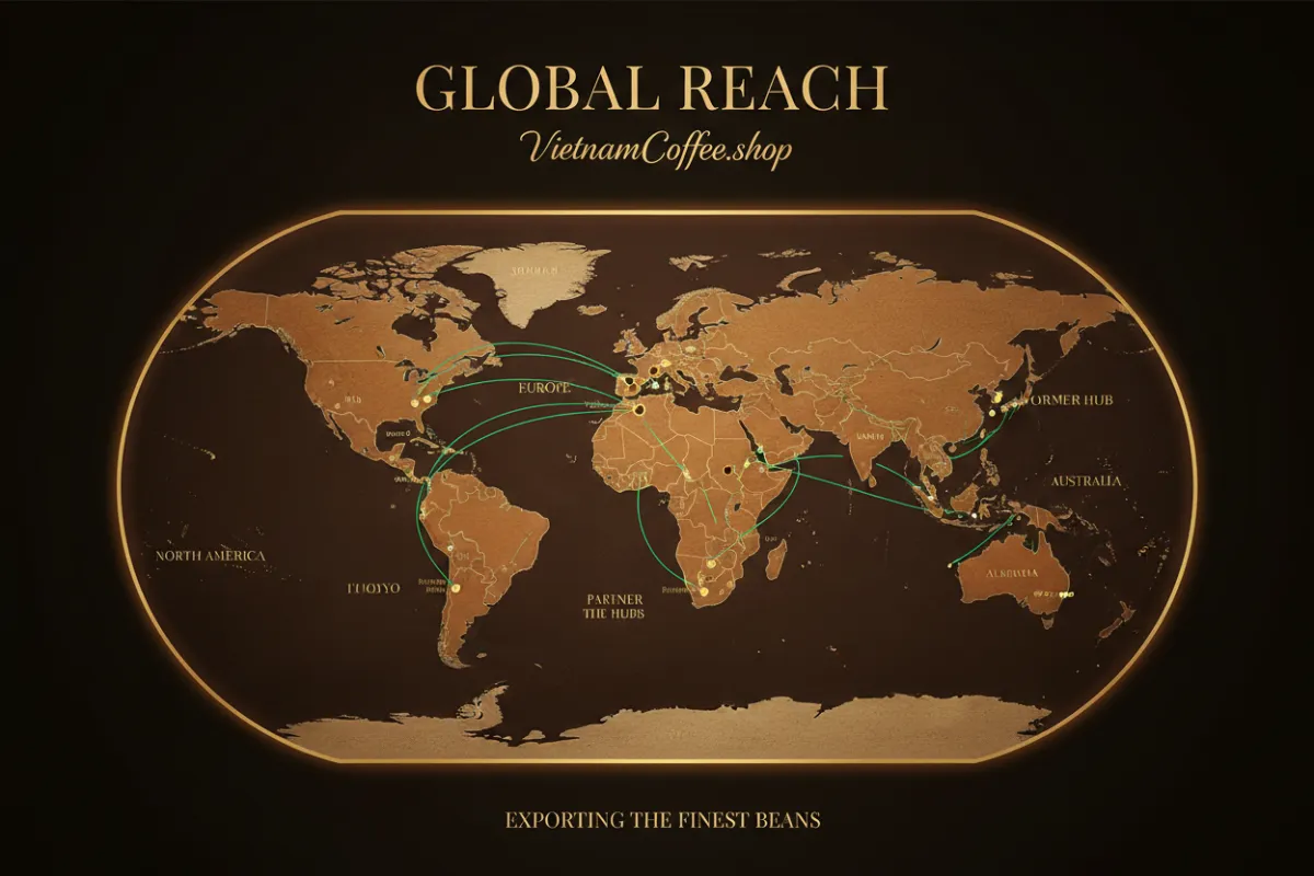 Stylized global map showing VietnamCoffee.shop export reach