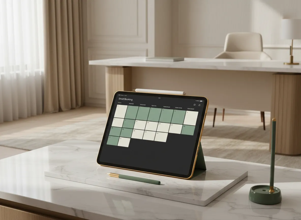 Smart booking calendar displayed on a tablet in a high-end consulting environment