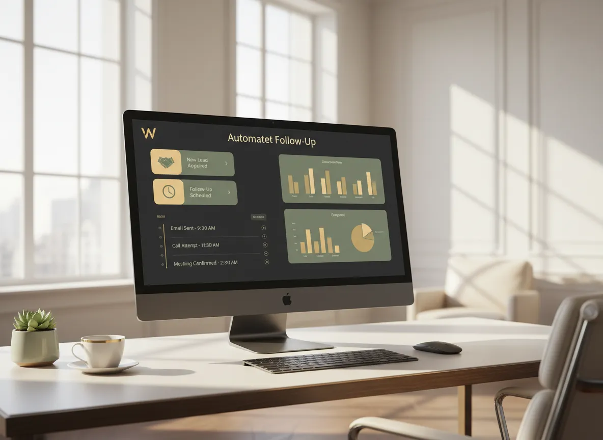 Automated follow-up dashboard shown on a computer in a warm luxury office setting