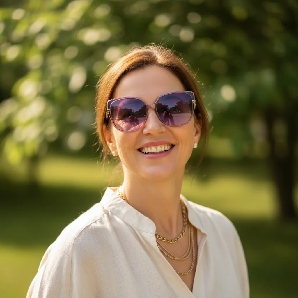 Confident, smiling woman outdoors wearing sunglasses