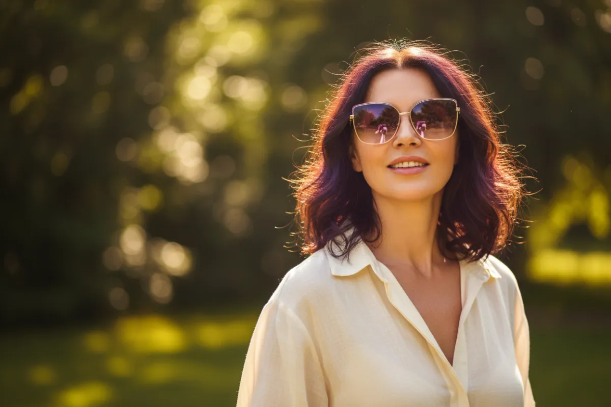 Confident, smiling woman outdoors wearing sunglasses