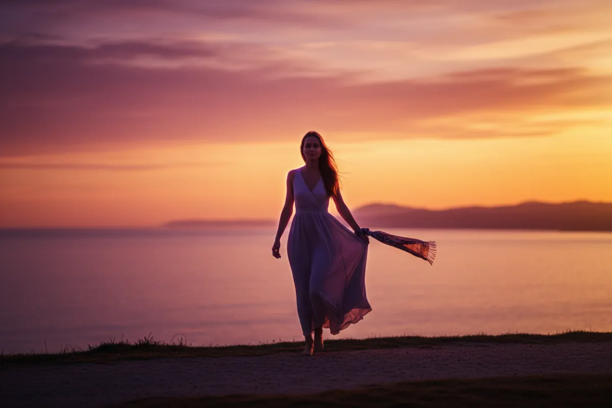 Elegant woman thriving at sunset