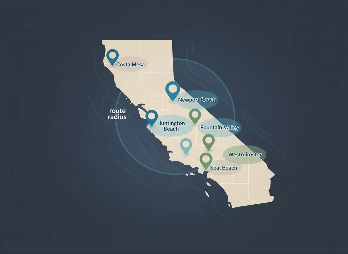 Map of JW Landscapes service area in Orange County