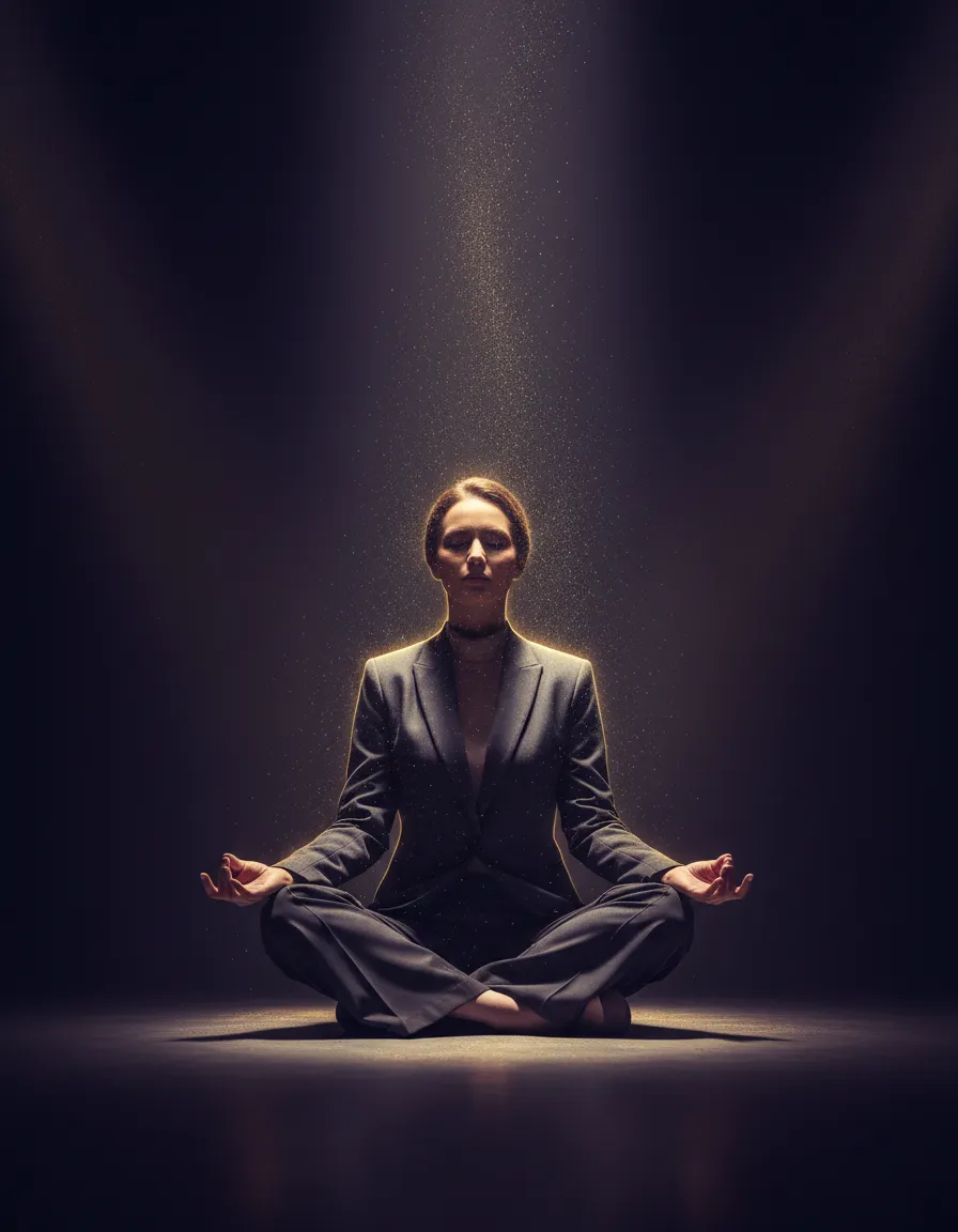 Woman in deep meditation with subtle gold dust lighting