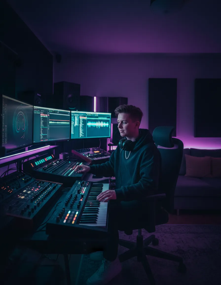 Music producer in a studio with dim neon lighting