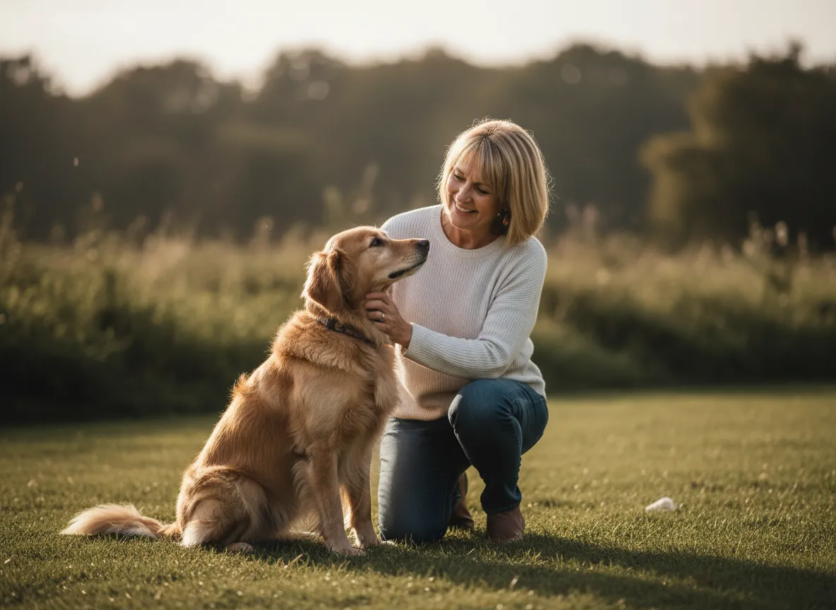 Warm personal photograph of Viv with a dog in Norfolk