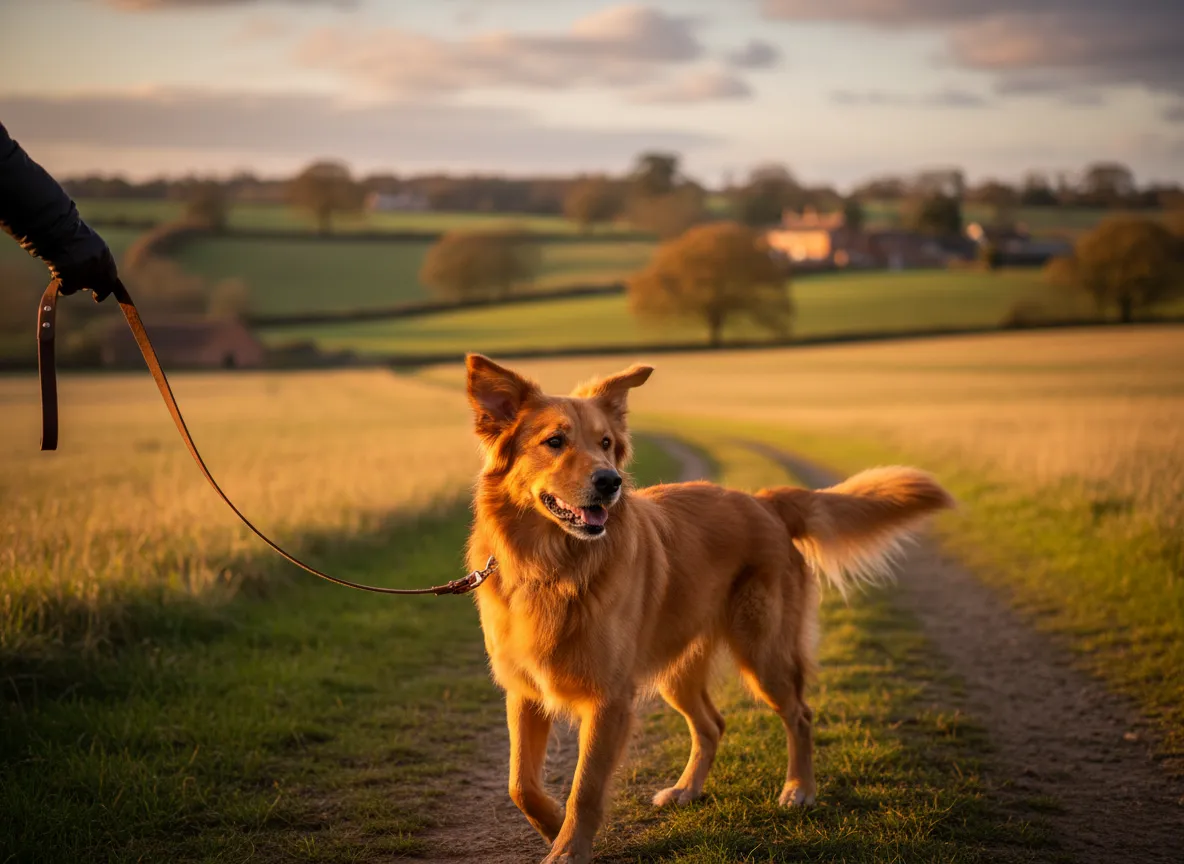 Warm photograph of a happy dog being walked in Norfolk countryside