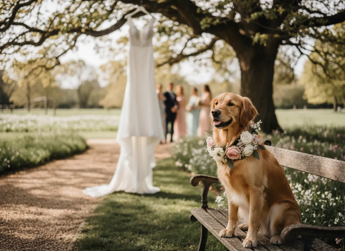 Warm photograph of a dog with wedding flowers on its collar
