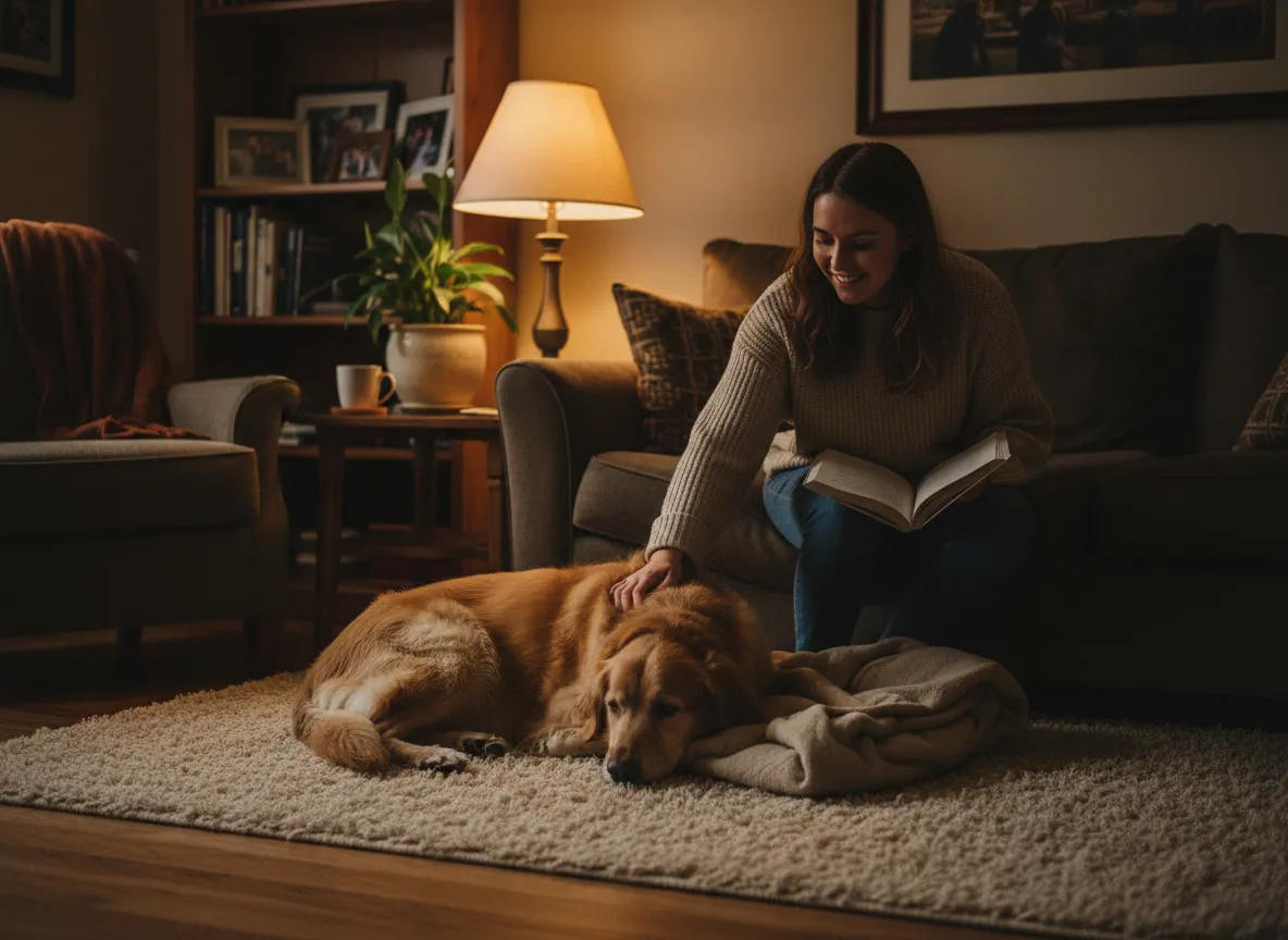 Warm photograph of a dog relaxing at home with a sitter