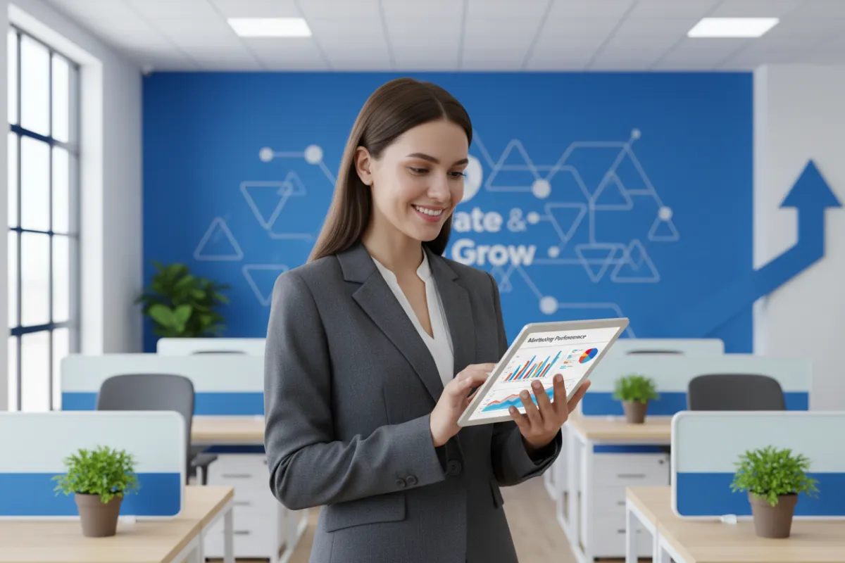 A confident small business owner stands in a modern workspace, reviewing marketing analytics on a digital tablet. The background features vibrant blue accents and subtle branding elements, conveying professionalism and optimism. 3:2 aspect ratio.