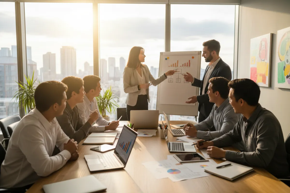 A diverse team of marketing professionals collaborates around a table filled with strategy documents and laptops. Sunlight streams through large windows, highlighting a creative, energetic atmosphere. 3:2 aspect ratio.