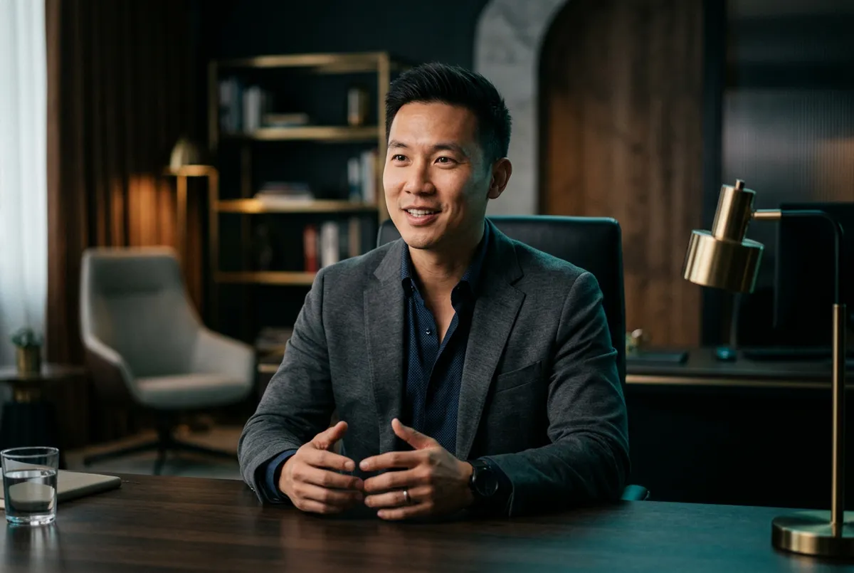 Video testimonial recording of Marcus Chen discussing quantitative execution