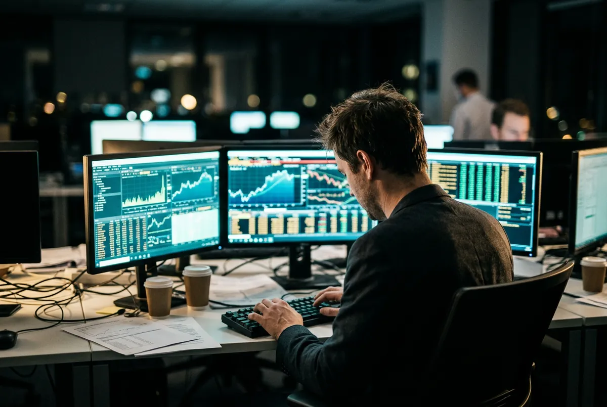 Exhausted manual trader analyzing volatile multi-monitor charts late at night