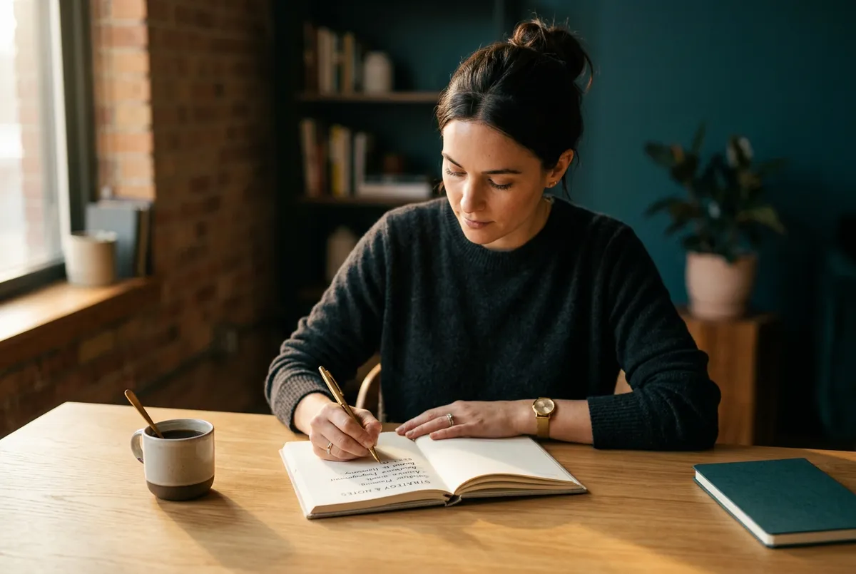 Analytical thinker analyzing clean strategic documentation in a minimalist study