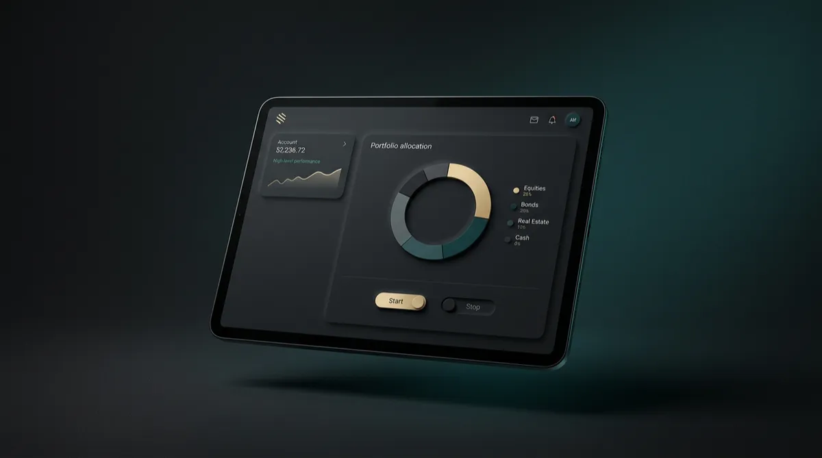 High-fidelity Systematic command dashboard interface displaying live execution telemetry, master Start and Stop toggles, portfolio allocation metrics, and risk parameters.