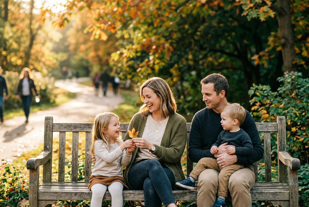 Engaged parent relaxing with family outdoors with complete peace of mind
