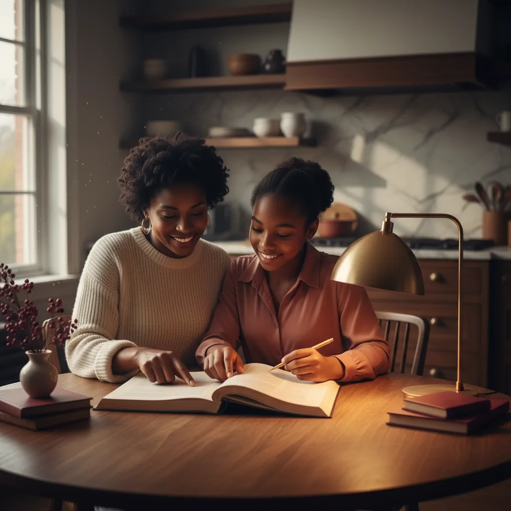 Mother and daughter reviewing a financial plan document together
