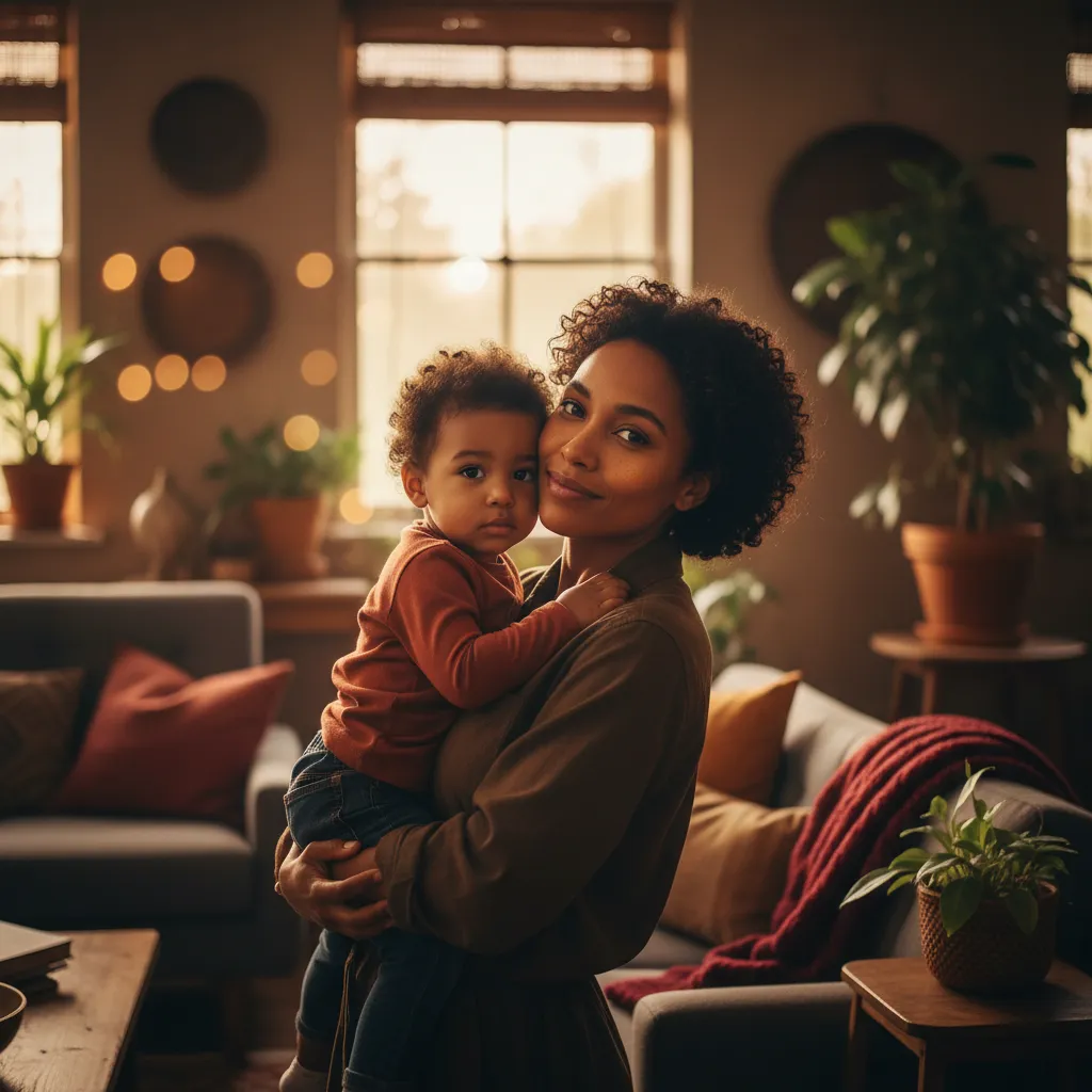 A peaceful moment of a mother holding her child with confidence