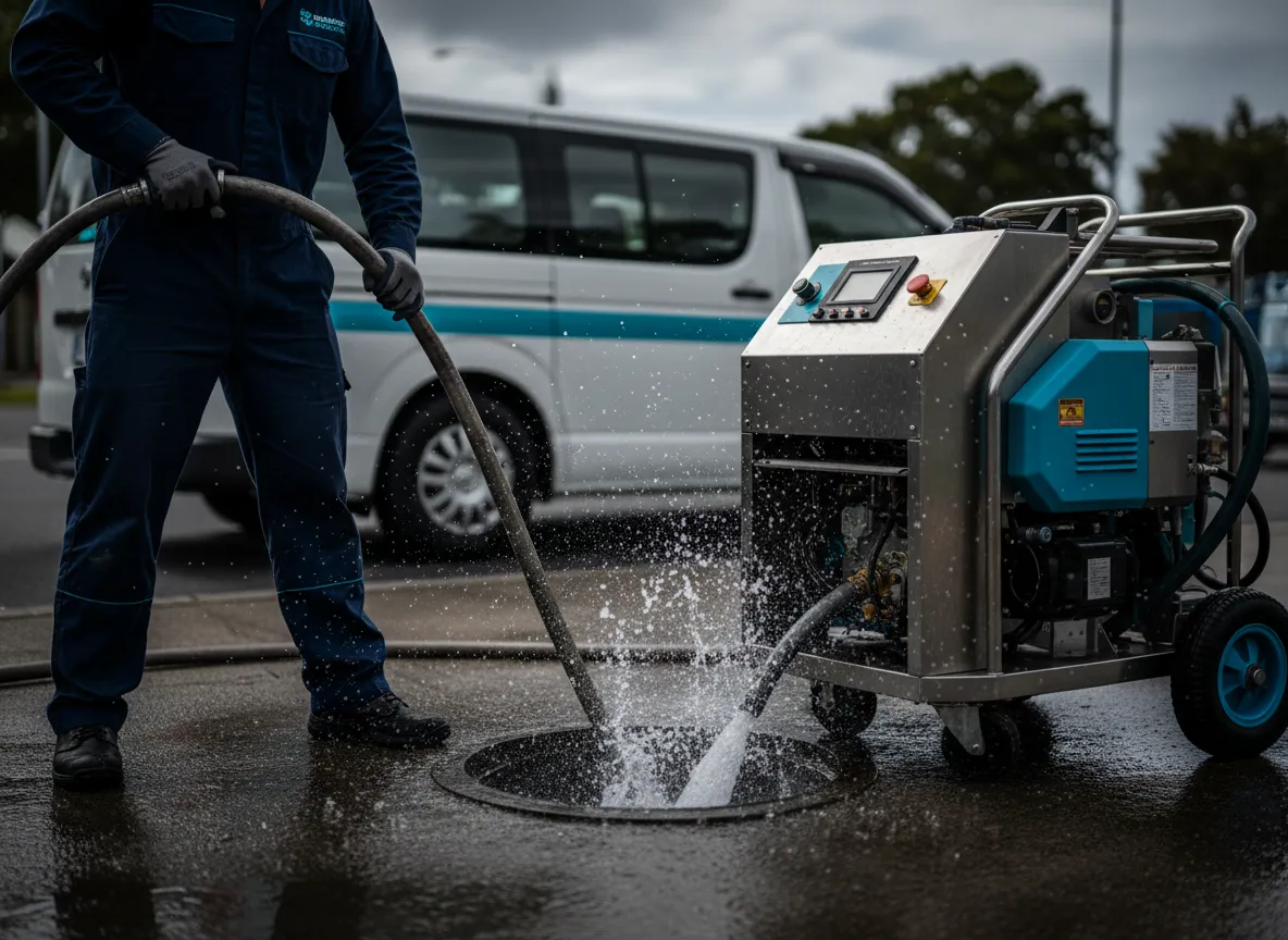 High-pressure water jetting cleaning a drain in Cairns
