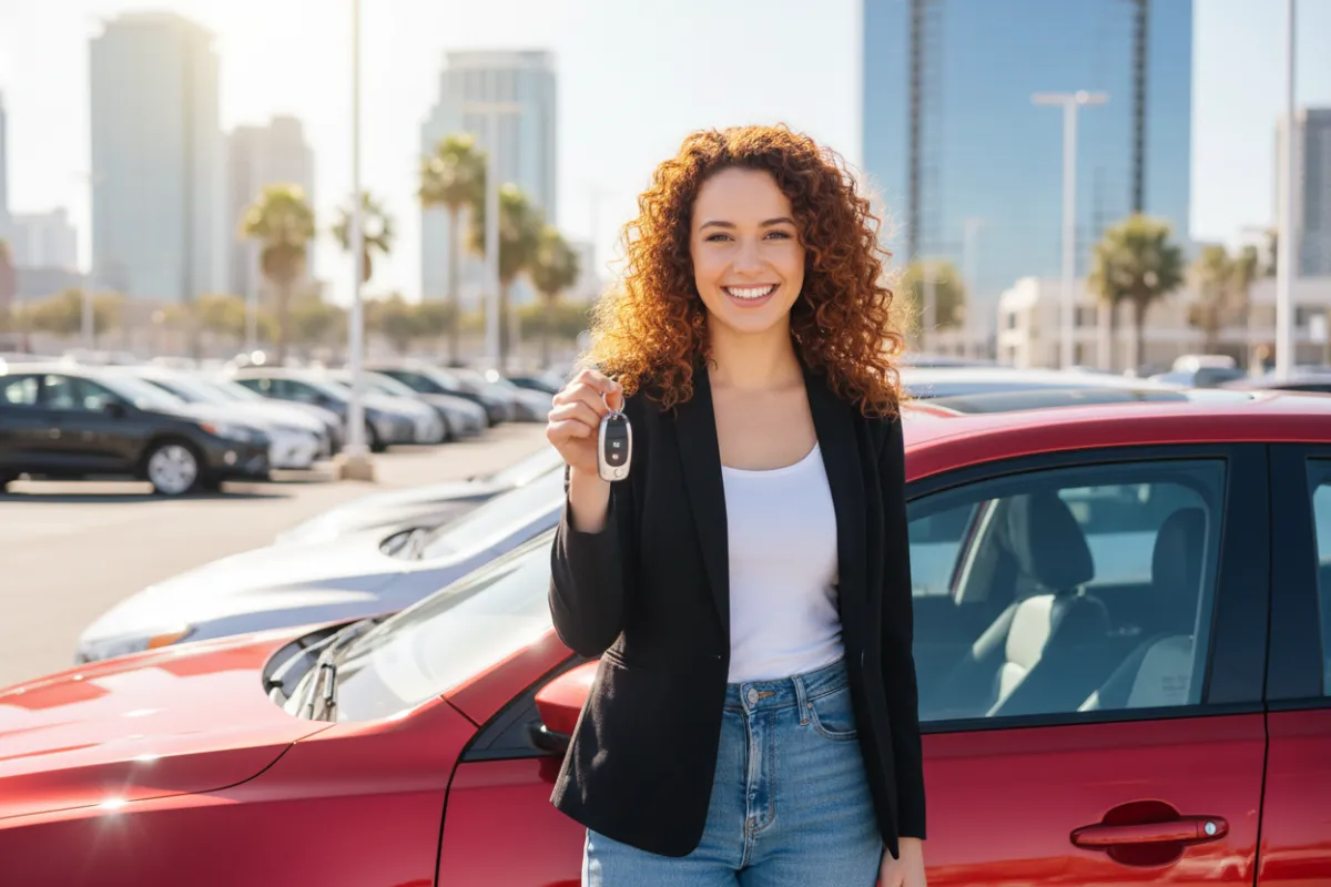 A smiling young woman with curly hair, holding car keys and standing beside a shiny red sedan in a dealership lot, sunlight reflecting off the car, urban background, 3:2 aspect ratio