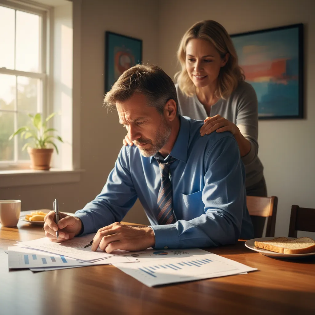 A middle-aged man in business attire looking concerned while reviewing paperwork at a kitchen table, soft morning light, supportive partner in background, 1:1 aspect ratio