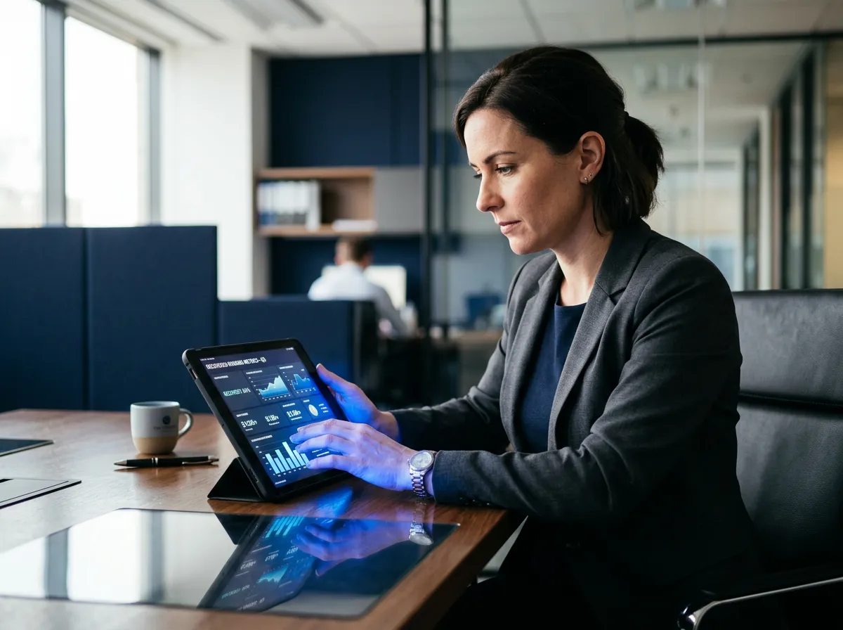 Commercial service manager reviewing recovered customer booking metrics on tablet