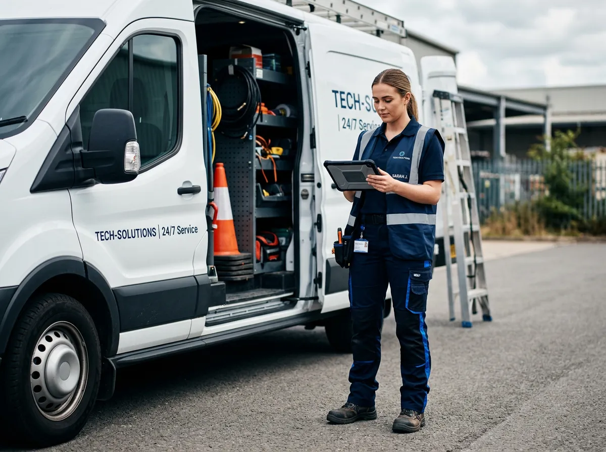 Professional field technician reviewing clear digital work orders efficiently without disruption