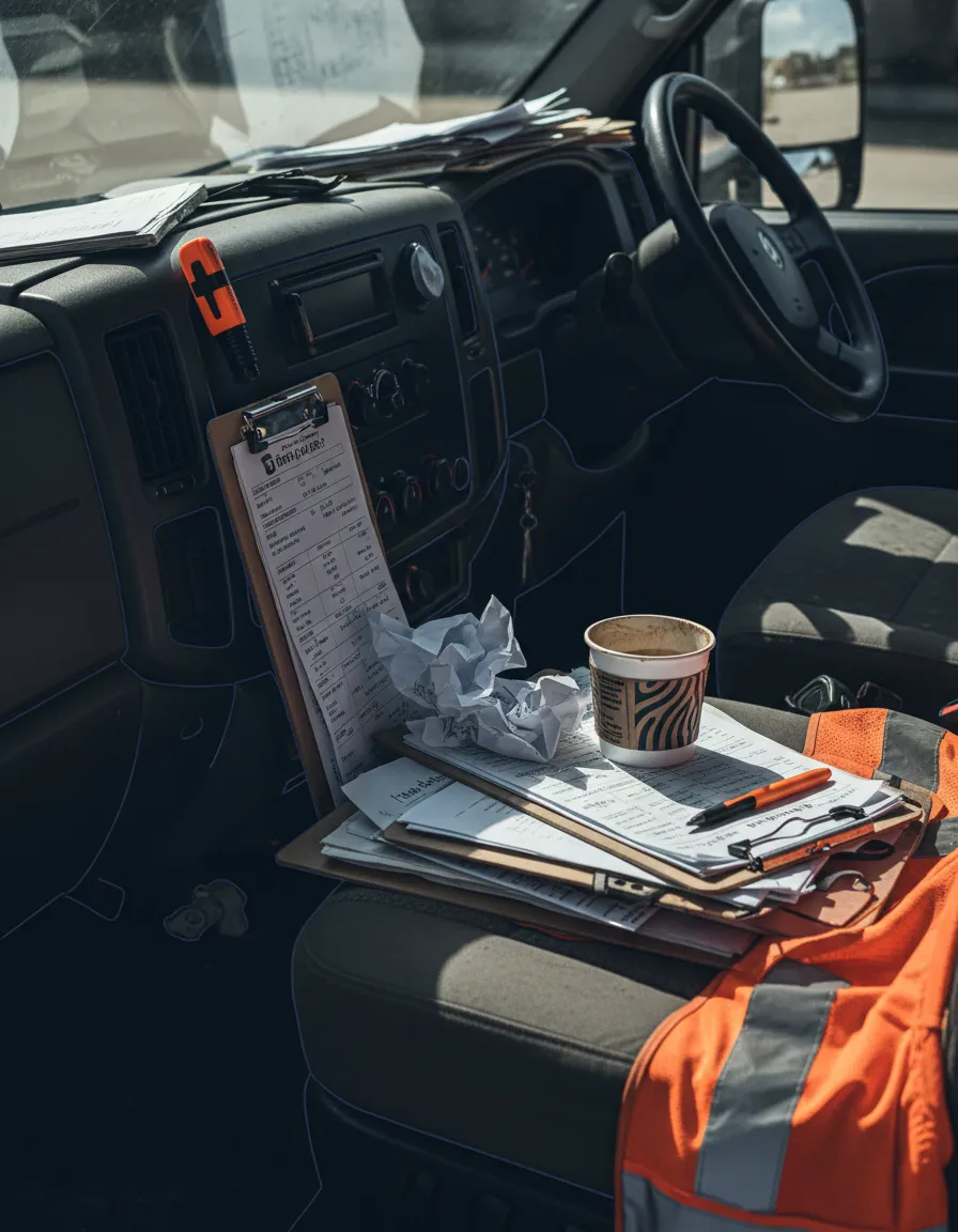 Messy truck dashboard covered in unorganized invoices and paperwork