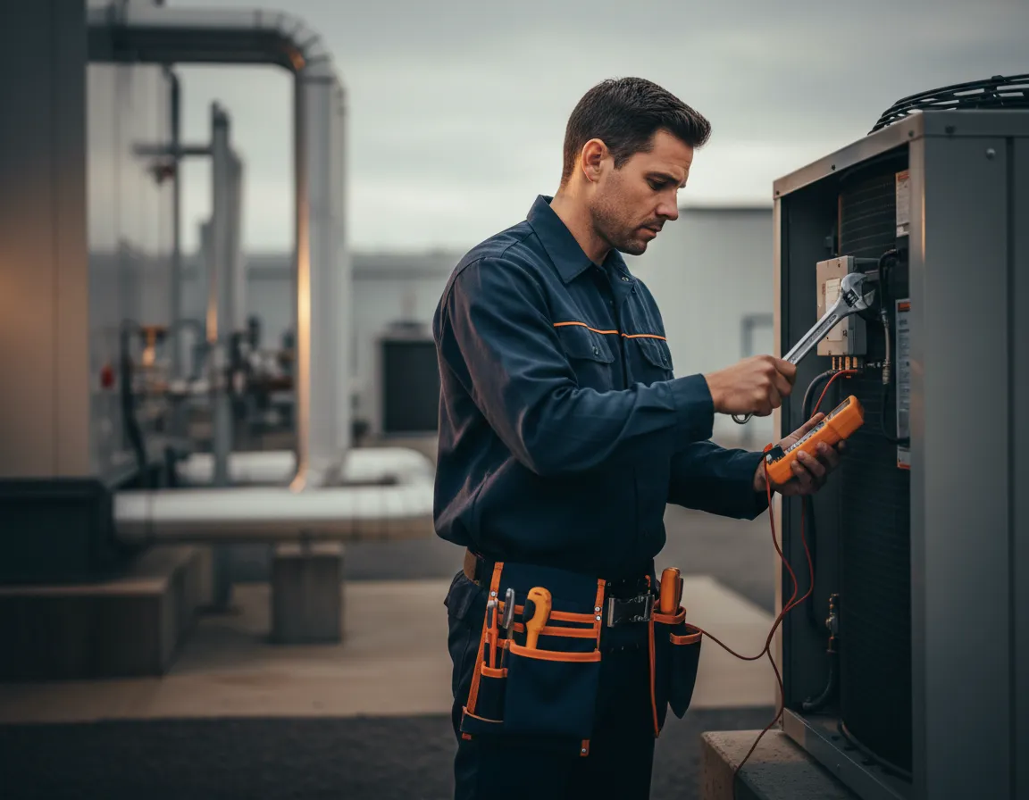 Focused HVAC technician working on site