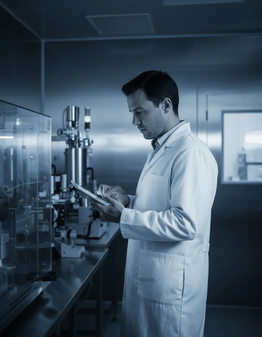 Auditor analizando datos de cumplimiento en entorno de laboratorio estéril