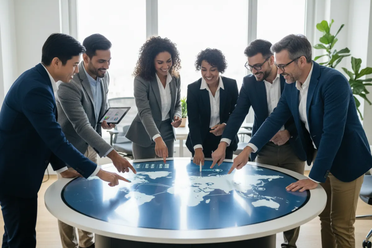 A diverse team of marketing professionals collaborating around a digital map interface, vibrant office, energetic atmosphere, modern business attire, 3:2 aspect ratio