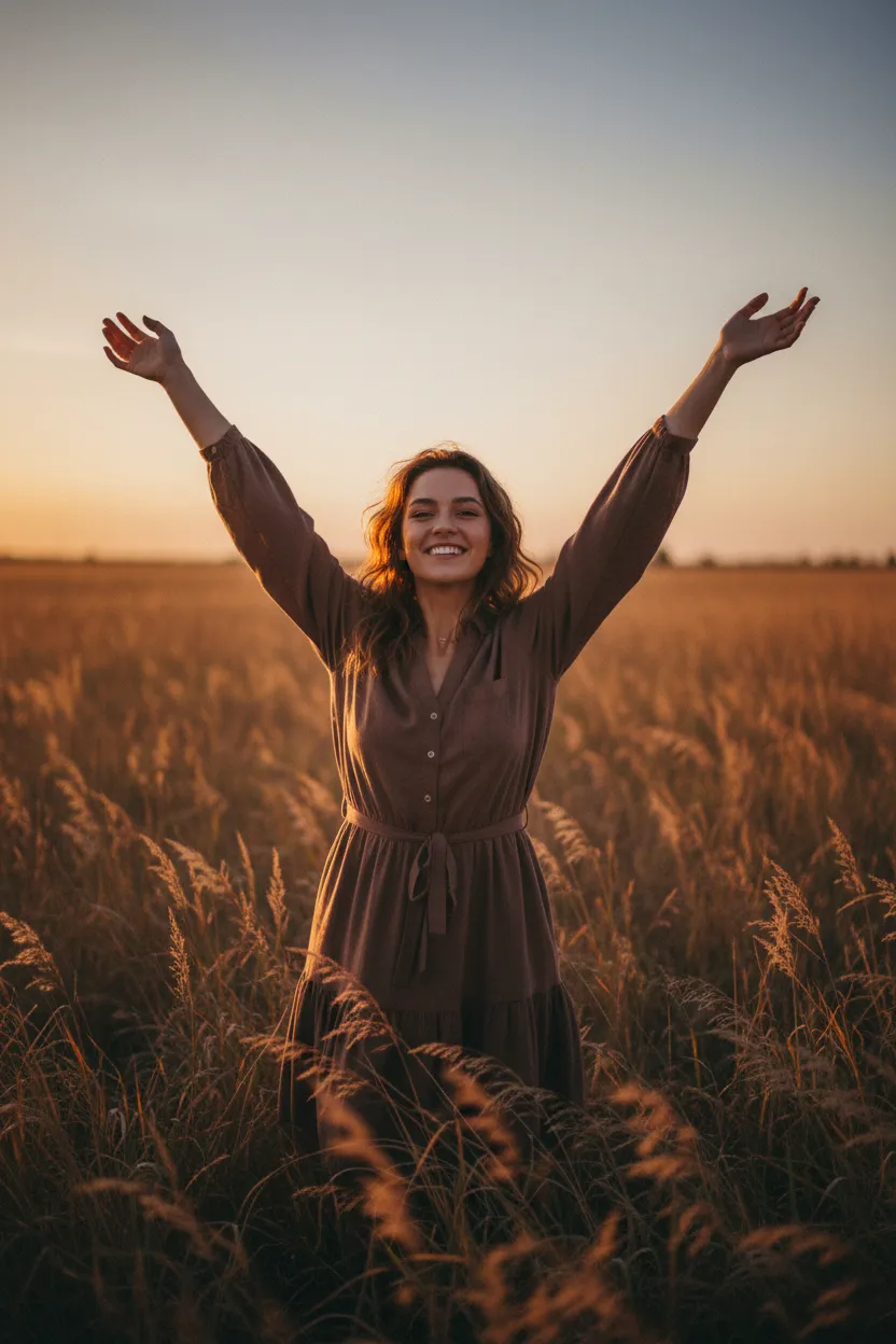Woman with arms raised in a sunny field
