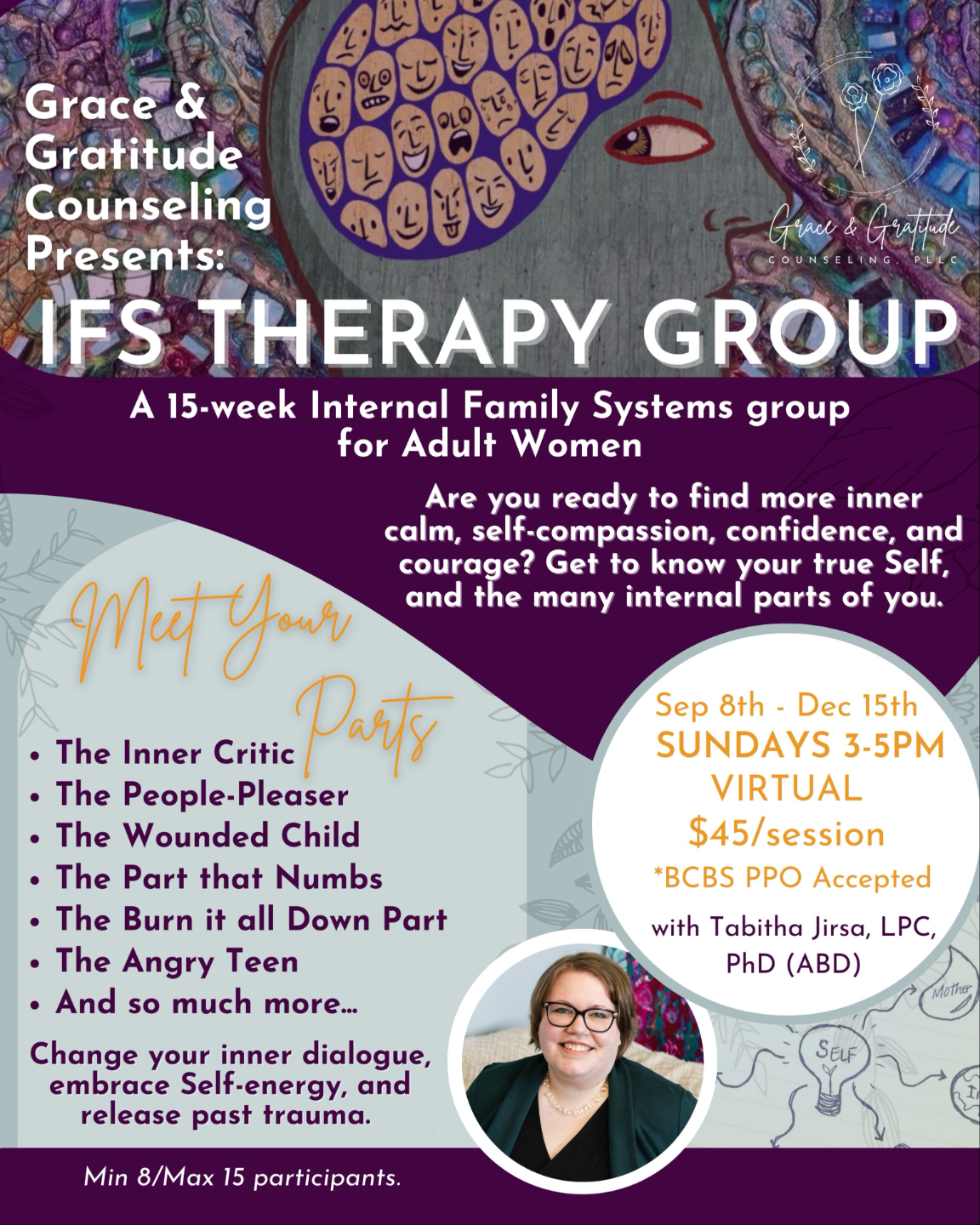 Flyer with calming imagery representing inner harmony and self-reflection, promoting “Internal Family Systems Group,” a 15-week virtual women’s therapy group focused on healing and self-compassion through connection with inner parts.