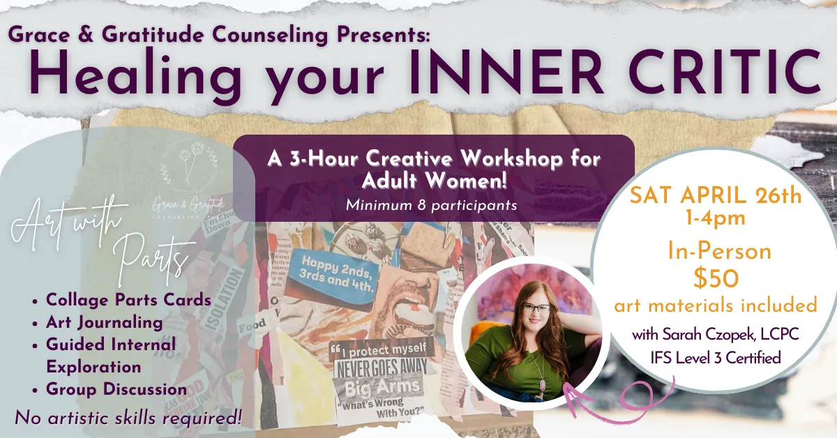 Flyer with calming artistic visuals and soft colors promoting “Healing Your Inner Critic,” a creative workshop for women led by Sarah Czopek, focused on self-compassion and silencing the inner critic through art and reflection.